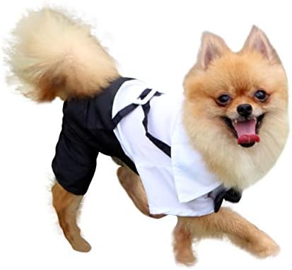 QiCheng & LYS Тениска за кучета, Дрехи за малки кучета, Стилен Костюм, с папийонка, Сватбена Риза, Официален Смокинг с Черна вратовръзка, Сватбен Костюм с папийонка за куч?