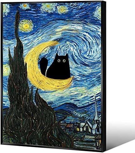 ВЕРЕНИКС Винсент Ван Гог Звездна Нощ Котка Печат на Платно Стенно Изкуство， Ретро Декор на Стените Естетически Плакати за Спални