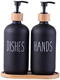 Стъклен Комплект за сапун за кухня с Тава - Опаковка Сапун за ръце и съдове за Кухненска мивка - Стъклена Опаковка сапун - Модерен