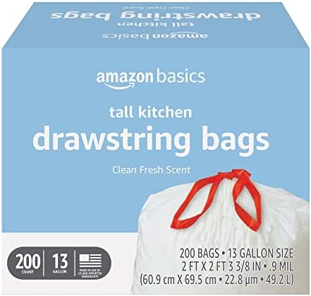 Високи кухненски торби за боклук Basics с завязками, Чистия и Свеж аромат, 13 Литра, количество 200 броя (по-рано Solimo)