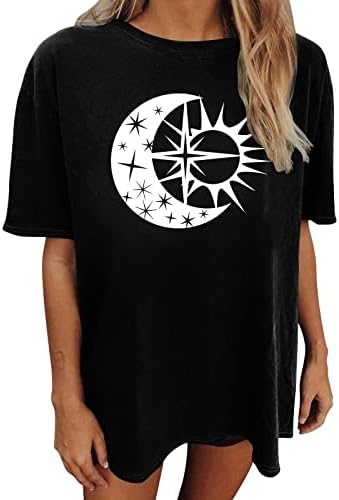 Дамски Свободна Тениска Оверсайз с принтом на Слънцето и Луната, Ежедневни тениски С Къс ръкав и кръгло деколте, Върхове