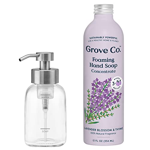 Концентрат пенящегося сапун за ръце Grove Co. (12 течни унции) + многократна употреба Стъклена Опаковка за сапун, Стартов пакет