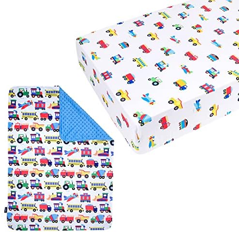 Комплект чаршафи за легла от памук Wildkin с Плюшено Каре (влакове, самолети и камиони)
