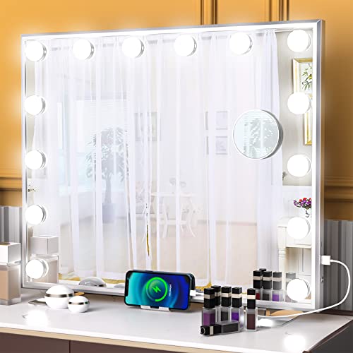 тоалетен огледало wobsion Hollywood с подсветка, 14 Регулируеми led лампи, Огледало за грим, десктоп или стенно огледало с led подсветка,