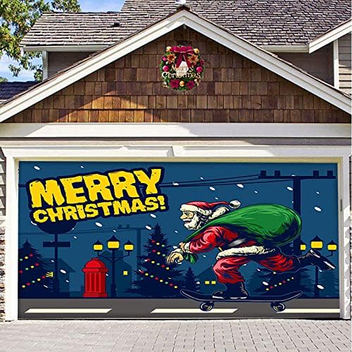 7x16FT Весел Коледен Празничен Банер, Стенни картини на гаражни врати, Зимен, Снежен човек, Дядо коледа, Външно Голямо Украса за