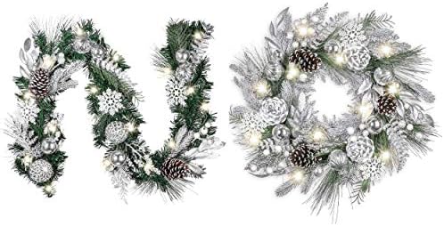 Коледен Венец Венец Цена на Комплект (2 бр) |Замразени Зимни Сребристо-Бяла Тема 24-инчов Коледен Венец, 6 фута Коледна Гирлянда