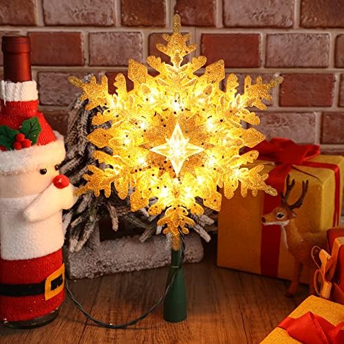 Коледа в цилиндър с подсветка Brizled, 9,25 'Позлатени Topper за Коледната елха във формата на Снежинки, покрит със Златни пайети, с топли бели крушки на 20 елемента, Включен в