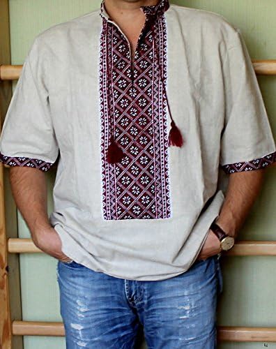 ВЫШИВАНКА мъжки Украинската Бродирана Риза с Ръчно изработени от Сив Лен с къс ръкав XL