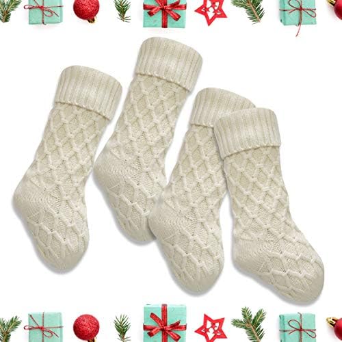 Комплект от 4 коледни чорапи Vanteriam, 18-цолови Уникални Коледни Чорапи от трико с цвят Слонова кост, с Бял цвят за коледна украса, комплект от 4