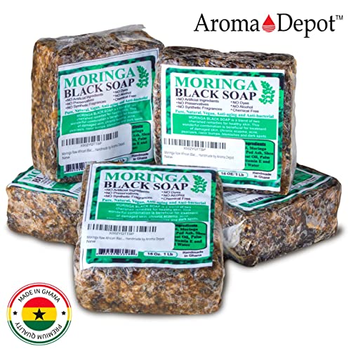 Aroma Depot MORINGA Сурово африкански черен сапун 2 паунда / 32 грама на естествен сапун за отстраняване на акне, екзема, псориазис,