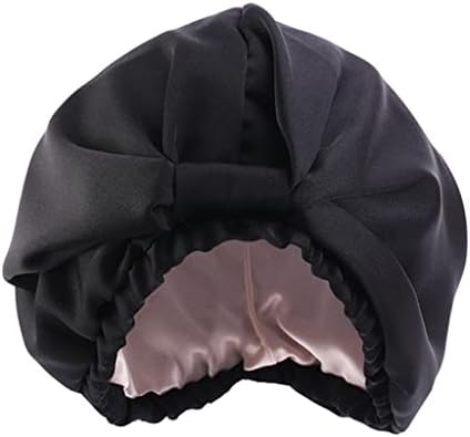 XXXDXDP Коприна сатен шапчица за сън, жена тюрбан, еластична нощна шапчица за сън, шапка за душ, прическа-бини (Цвят: черен размер: