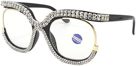 Дамски Очила за Четене със Скъпоценни Камъни, Извънгабаритни Стилни Кръгли Очила със Заключване Синя Светлина