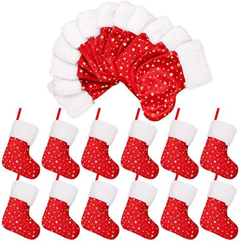 Коледни мини-чорапи LimBridge, 24 опаковки, 8 см, с блестящи принтом в формата на Звезда, с Плюшени белезници, Класически Декорации