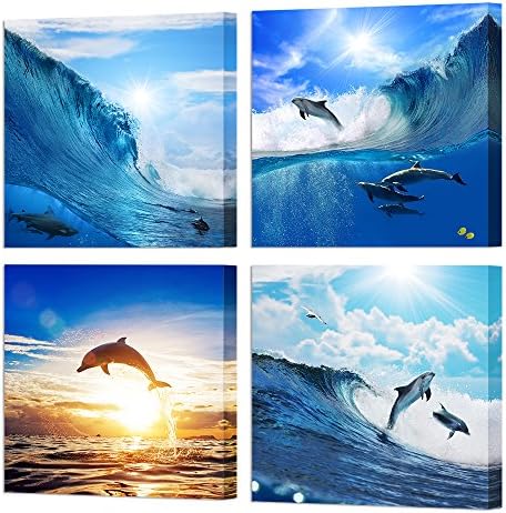 HOMEOART Делфин Стенно Изкуство Син Океан Скачащи Делфини Животно Декор на Банята Живопис Печат на Картини върху Платно в рамка