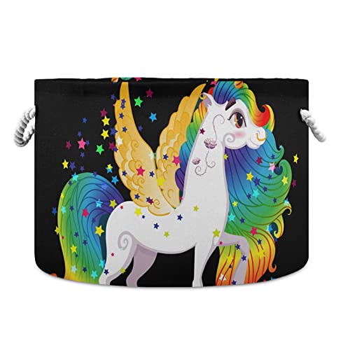 Кошница за съхранение на ALAZA Pony Unicorn Rainbow Star Подаръчни Кошници с Голяма Сгъваема Кошница за дрехи с дръжка, 20x20x14