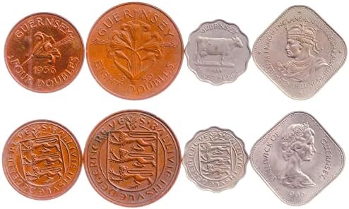4 Монети от колекцията Гърнси | Giernesiais Coin Set 1 2 4 8 Двойни монети | В обращение 1864-1911