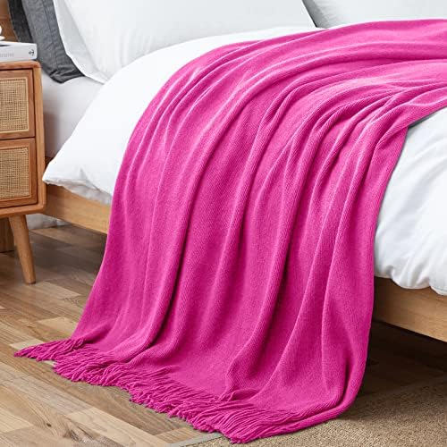 Вязаное одеяло Vonty Ярко-Розов цвят с ресни от кисточек 50 x 60, Супер Меко Вязаное Покривки, Една Декоративна Леко Одеало за диван,