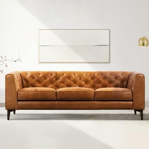Кожен диван ALEX & MIRA Essex – 89-Инчов кожен диван с ворсистой стол - Диван от естествена кожа, с горна част от пера на седалките