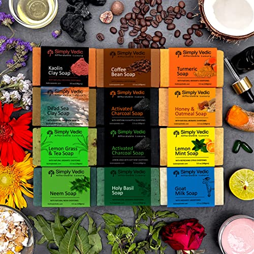 Набор от билкови сапуни Simply Vedic от 6 опаковки за тялото, ръцете, лицето си; Лимон + Мента, Кафе с подправки, Куркумата, Козе