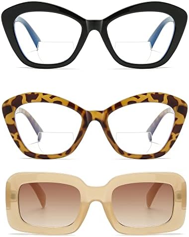 Дамски Бифокални Очила за четене LKEYE, Дизайнерски рамки Котешко око Оверсайз, 2 опаковки, 1.50 + Бежово Правоъгълни Слънчеви очила