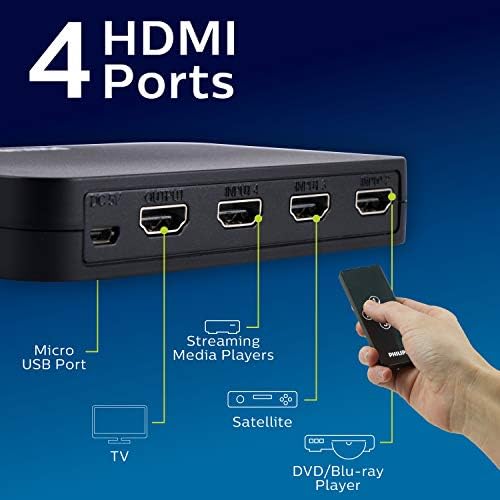 Устройството Philips 4 HDMI комутатор 4k @ 60hz, безжично дистанционно управление, се използва с 4K Smart TV, Roku Xbox PS4 Fire