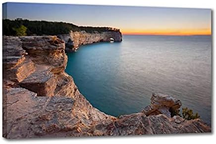 Широк снимка скали, смотрящих на морето по залез слънце в Мичиган, Платно, Стенно Изкуство за Всекидневната, Картини за Дома, Съвременно