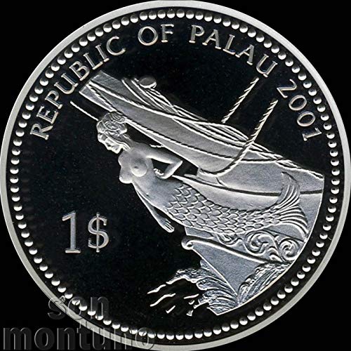 2001 МЕДУЗА МЕДУЗА - Защита на морската флора и фауна Палау сребърно покритие с Медна Монета Куни по един долар 1 usd РУСАЛКА