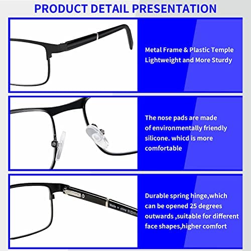 Asablve 3 Опаковки Очила за четене за мъже, Метална Дограма, Блокер Синя Светлина Очила за Четене, Пружинни Панти, Комфортно Устройство