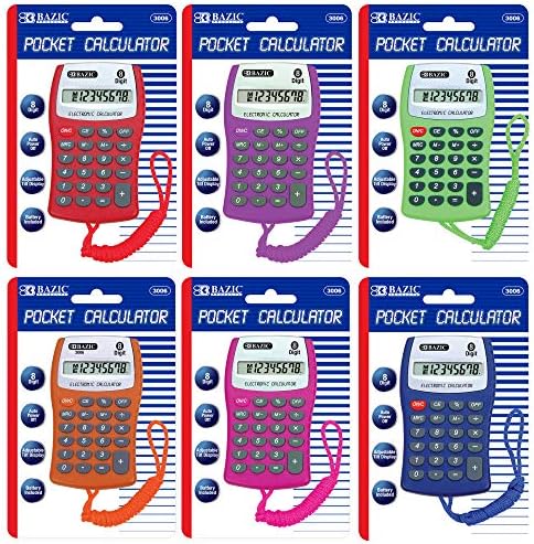 Джобен калкулатор BAZIC, 8-цифрен, с шейным шнурком, LCD дисплей, Малки Електронни Калкулатори стандартен дестинация, Различни цветове, 6 опаковки