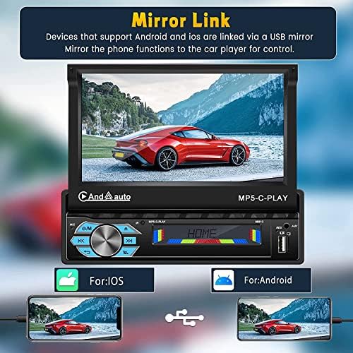 Автомобилна стерео система на един по Din с Apple Carplay Android Auto, 7-инчов Автоматично Foldout Сензорен екран, Радио с Bluetooth, Резервна Камера, Дистанционно управление, Поддръжка