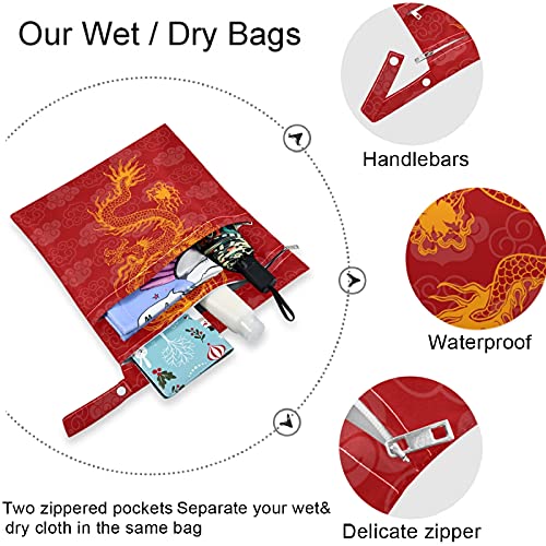 visesunny Red Dragon 2 бр., Влажна чанта с джобове с цип, Моющаяся, Множество, Голям за Пътуване, плаж, басейн, детска градина,