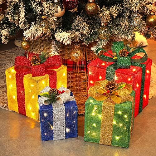 Комплект от 4 Коледни подаръци кутии с подсветка, Подарък кутия с Предварително подсвеченной сърма и лък (Червено, Зелено, Жълто, синьо), за Украса на пола с подсветк?