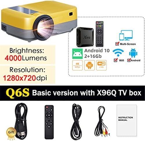LDCHNH Q6S видео проектор за домашно кино Full 1080P С поддръжка на Airplay Android 10 TV Box Допълнителен видео проектор (Цвят: черен)